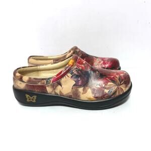 ALEGRIA Kayla Slip On Leather Earth ToneFloral Print Mules Clogs Size 36 US 6